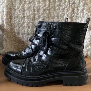 Black faux-snake skin combat boots